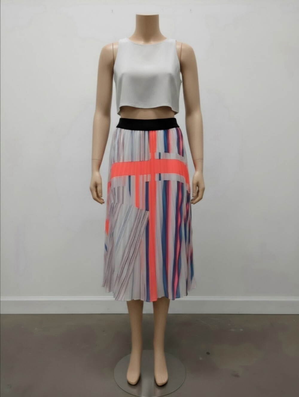 DKNY Neon Coral & Multicolor Striped Pleated Midi Skirt